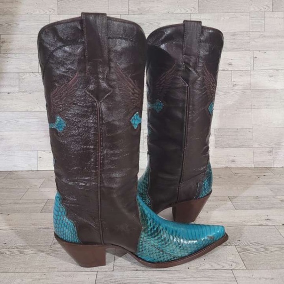 Rogers Boots Turquoise Cobra Snakeskin Brown Leather Rodeo Cowboy Boots Size 7 - Picture 6 of 9